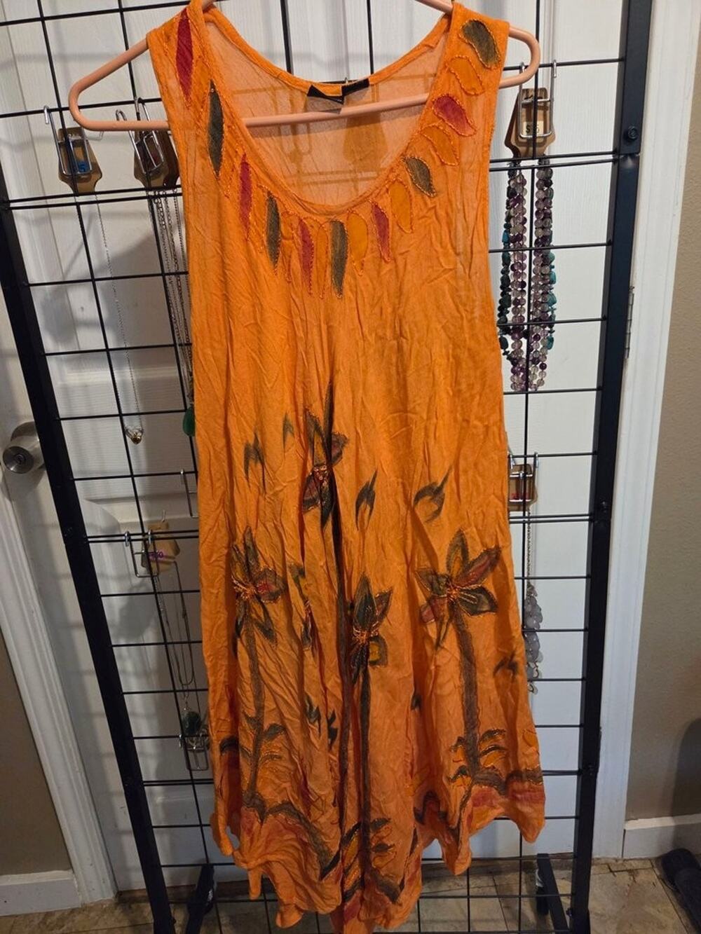 S.R. Fashion Orange Sleeveless Rayon Dress with Embroidered Floral Design
